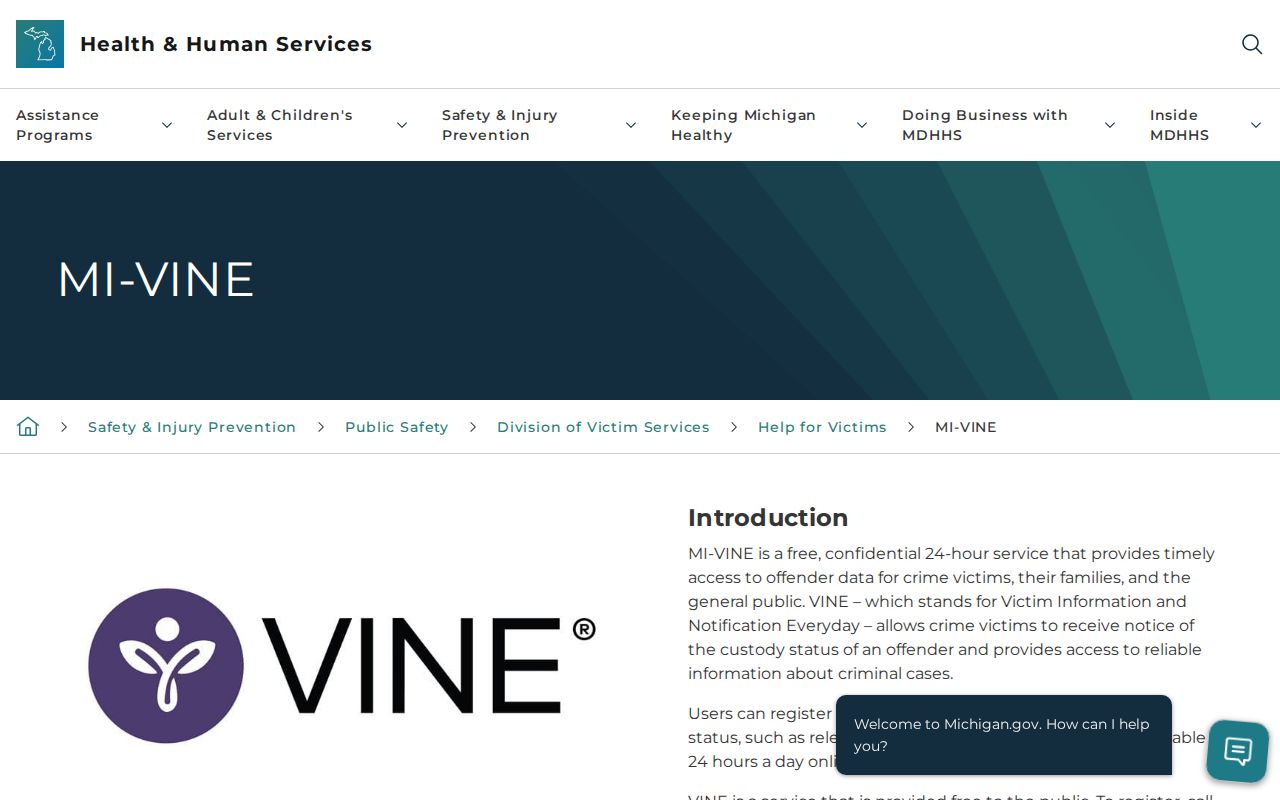 Michigan government MI-VINE page describing custody checks and notifications