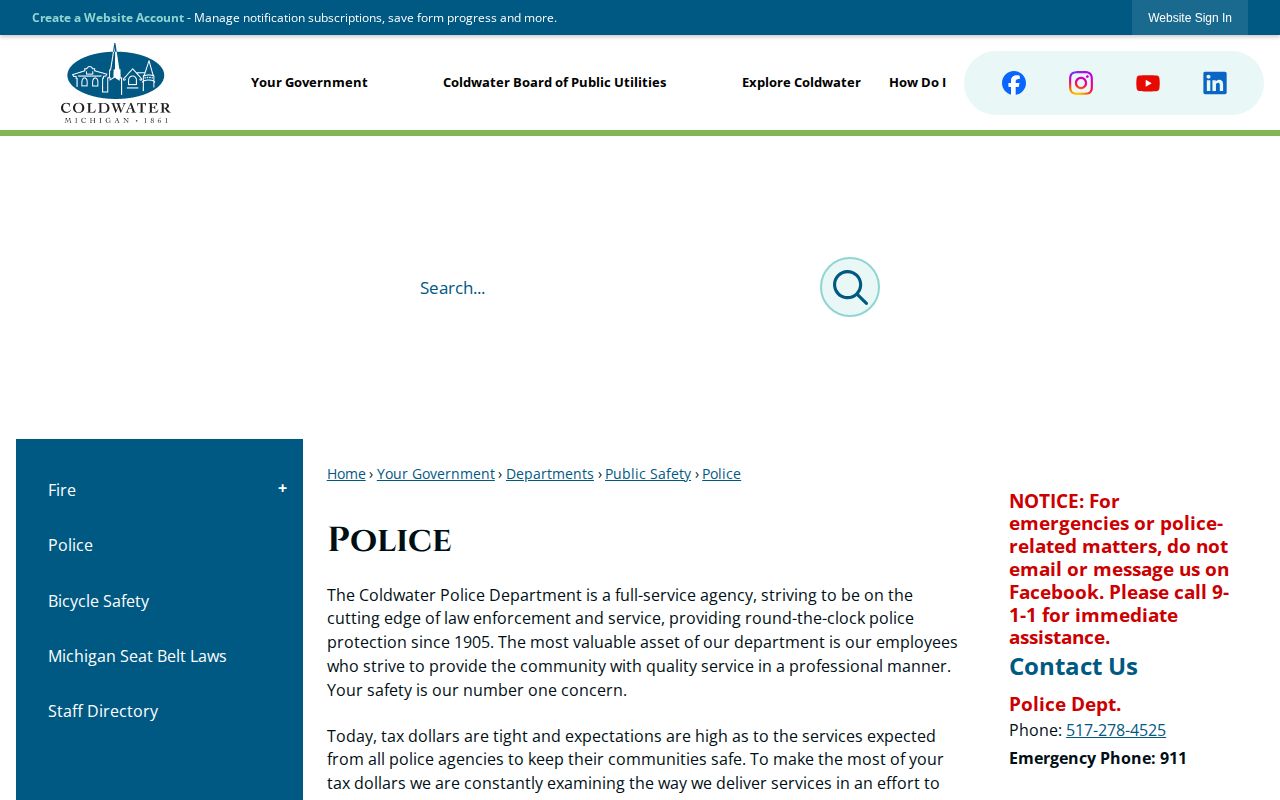 Official Coldwater Police page with contacts and records links but no arrest feed