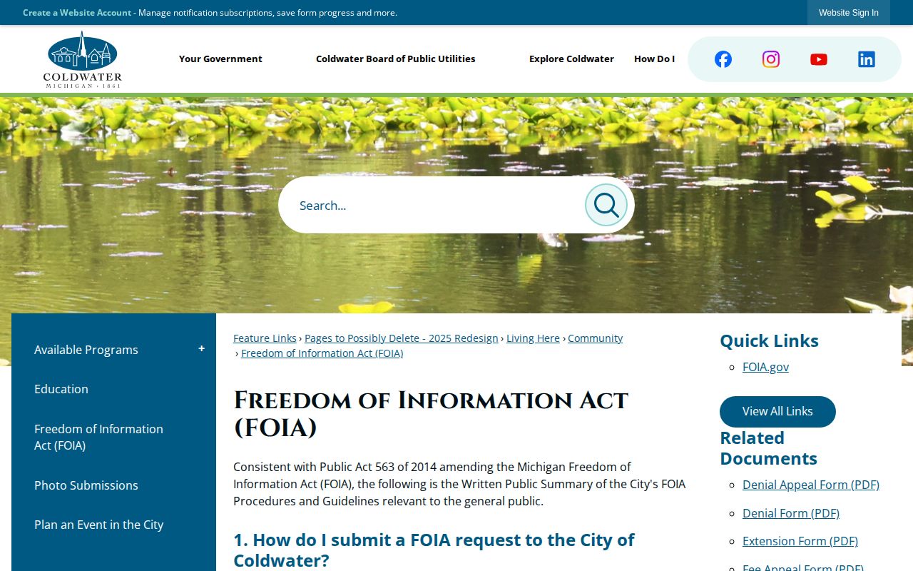 Coldwater FOIA page listing police records request channels and timing
