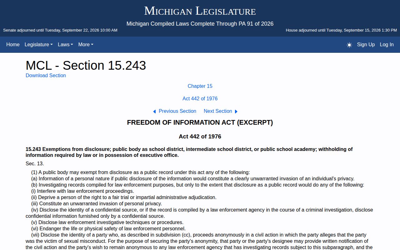 Michigan FOIA exemptions and redaction law