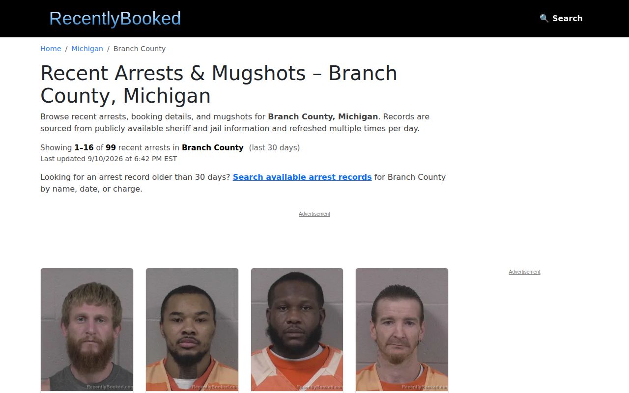 Unofficial RecentlyBooked Branch County rolling page