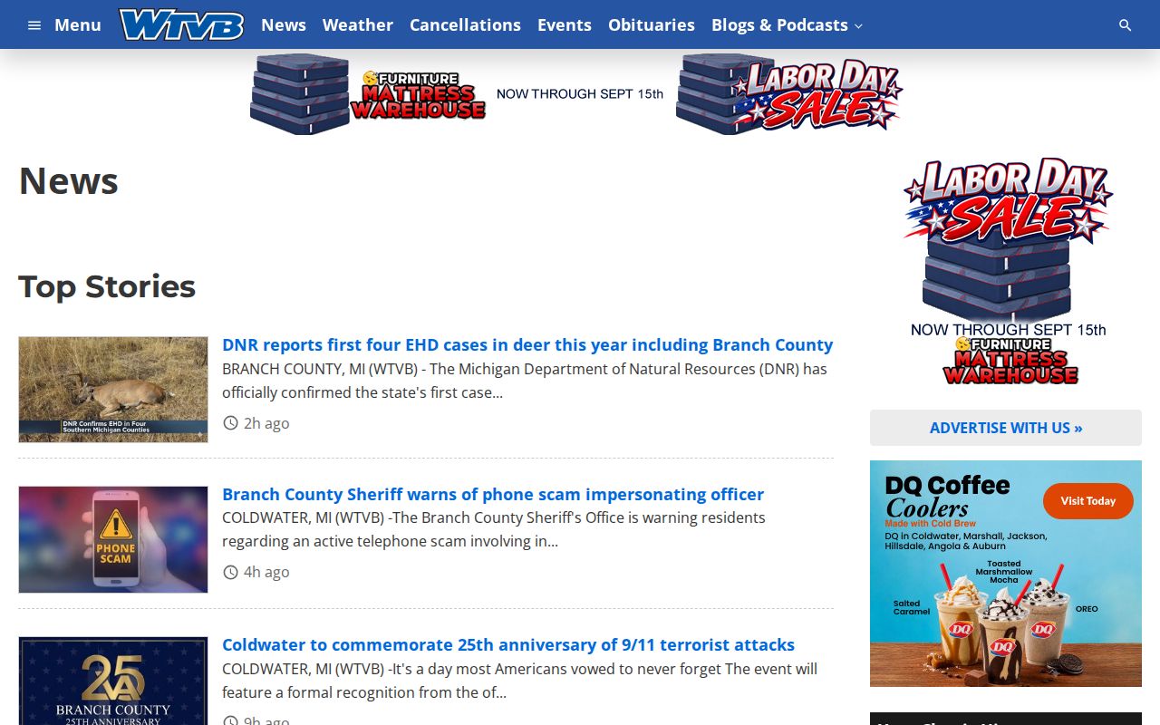 WTVB local news page for selected Branch County arrest reporting